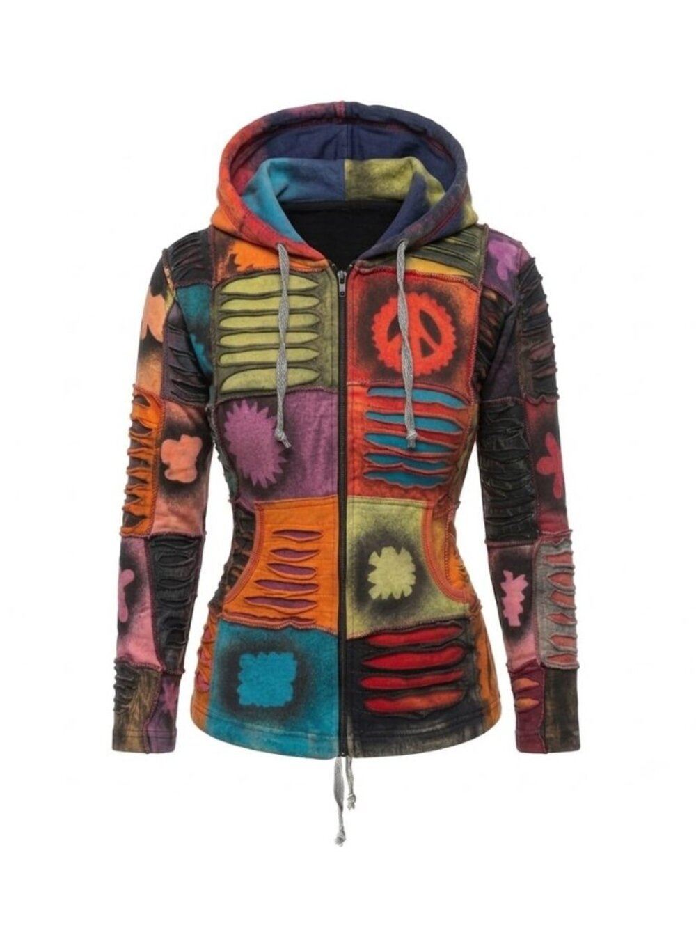 Women's Slashed Patchwork Hippie Pixie Hoodie Jacket